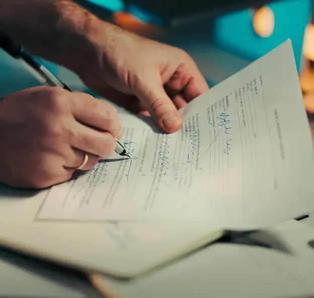 Deux mains signent un formulaire au stylo, un carnet ouvert dessous