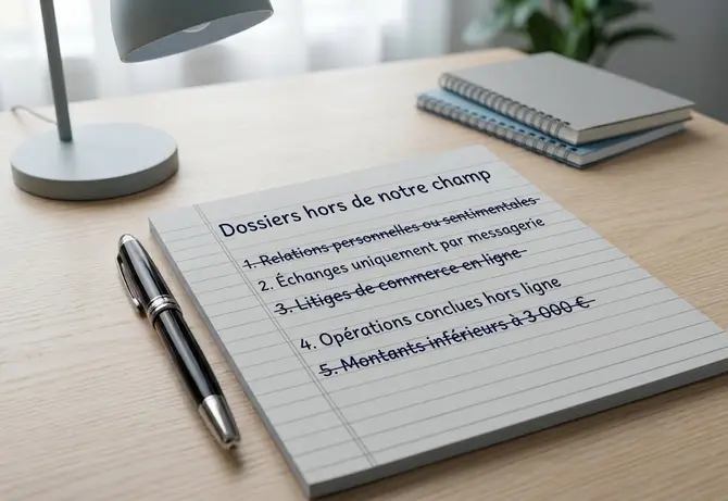 Un bloc-notes sur un bureau, portant la liste manuscrite des dossiers hors de notre champ